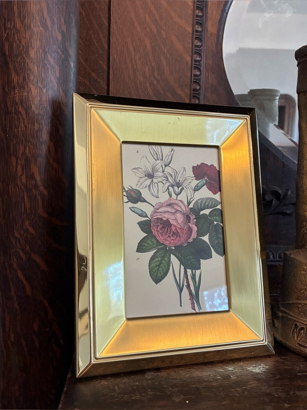 Vintage Gold Tone Metal Freestanding Photo Frame Botanical Floral Print 6.5x8.5